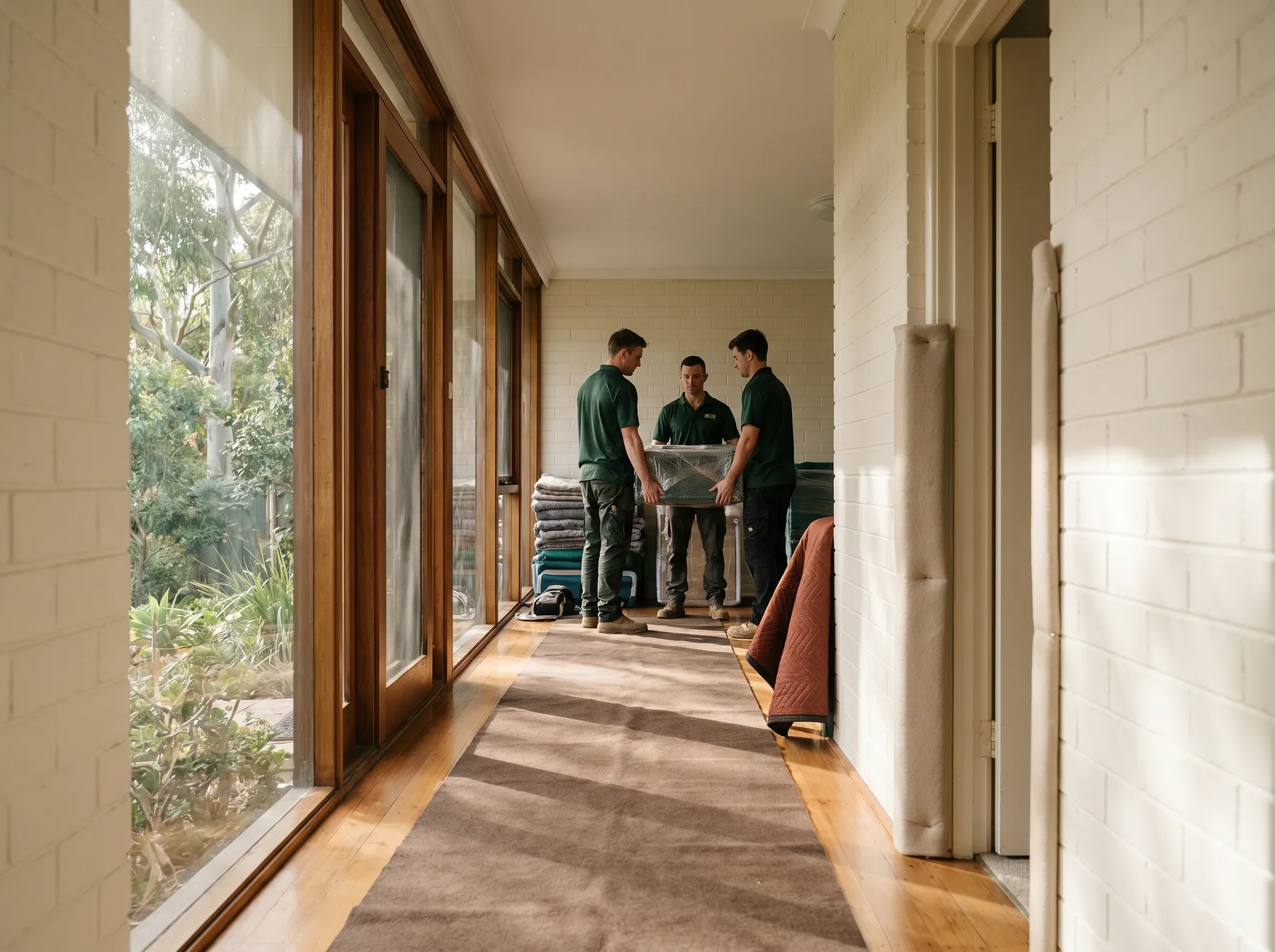 Felt runners laid down a timber hallway ready for the carry