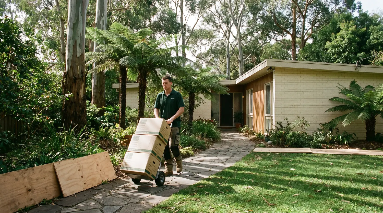 A removalist wheeling cartons along a long garden path under tree canopy toward the street
