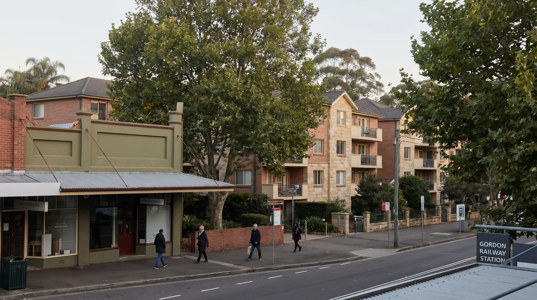 Gordon's shopping village and low-rise apartment buildings near the railway station