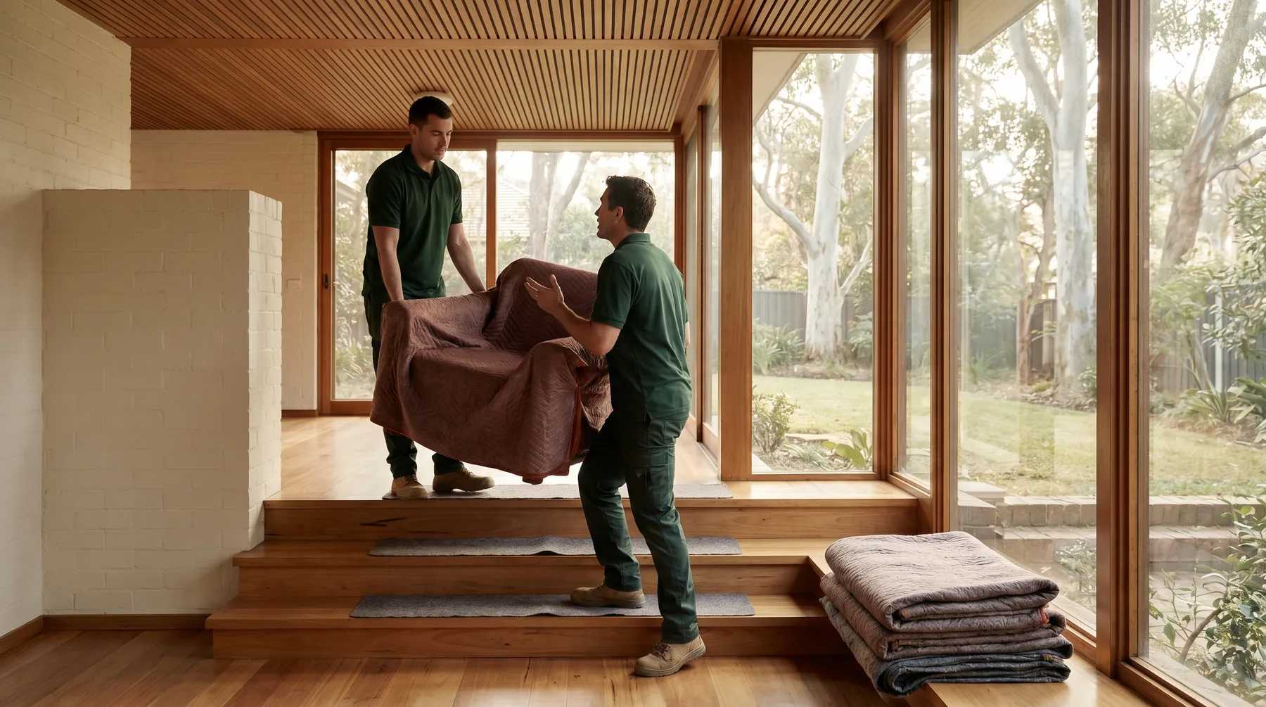 Two removalists carrying a wrapped armchair down a half-flight into a sunken lounge, glass wall behind