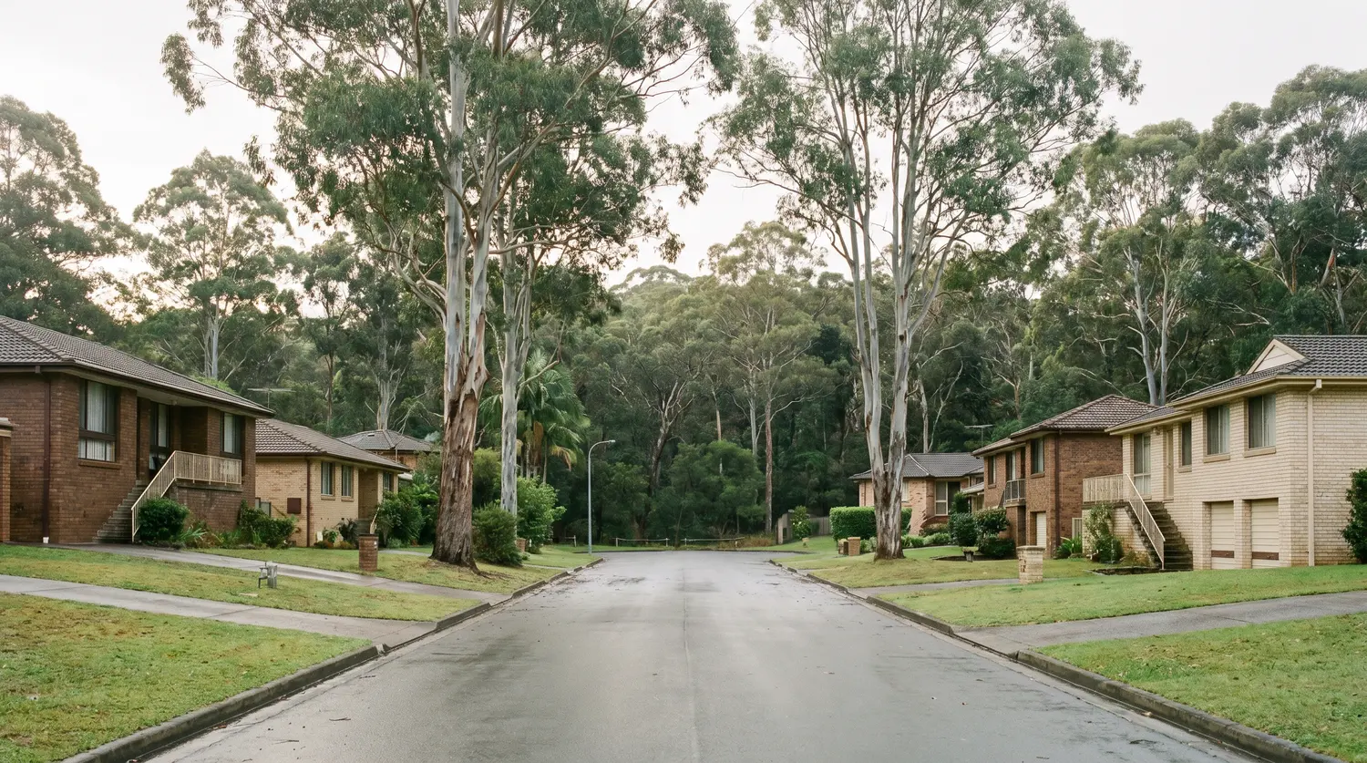 A quiet St Ives Chase cul-de-sac with brick houses, tall gums and bushland at the end of the street
