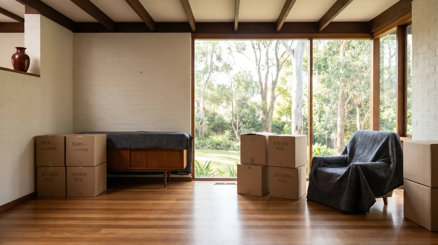 Labelled moving cartons staged in a sunken lounge with a glass wall behind