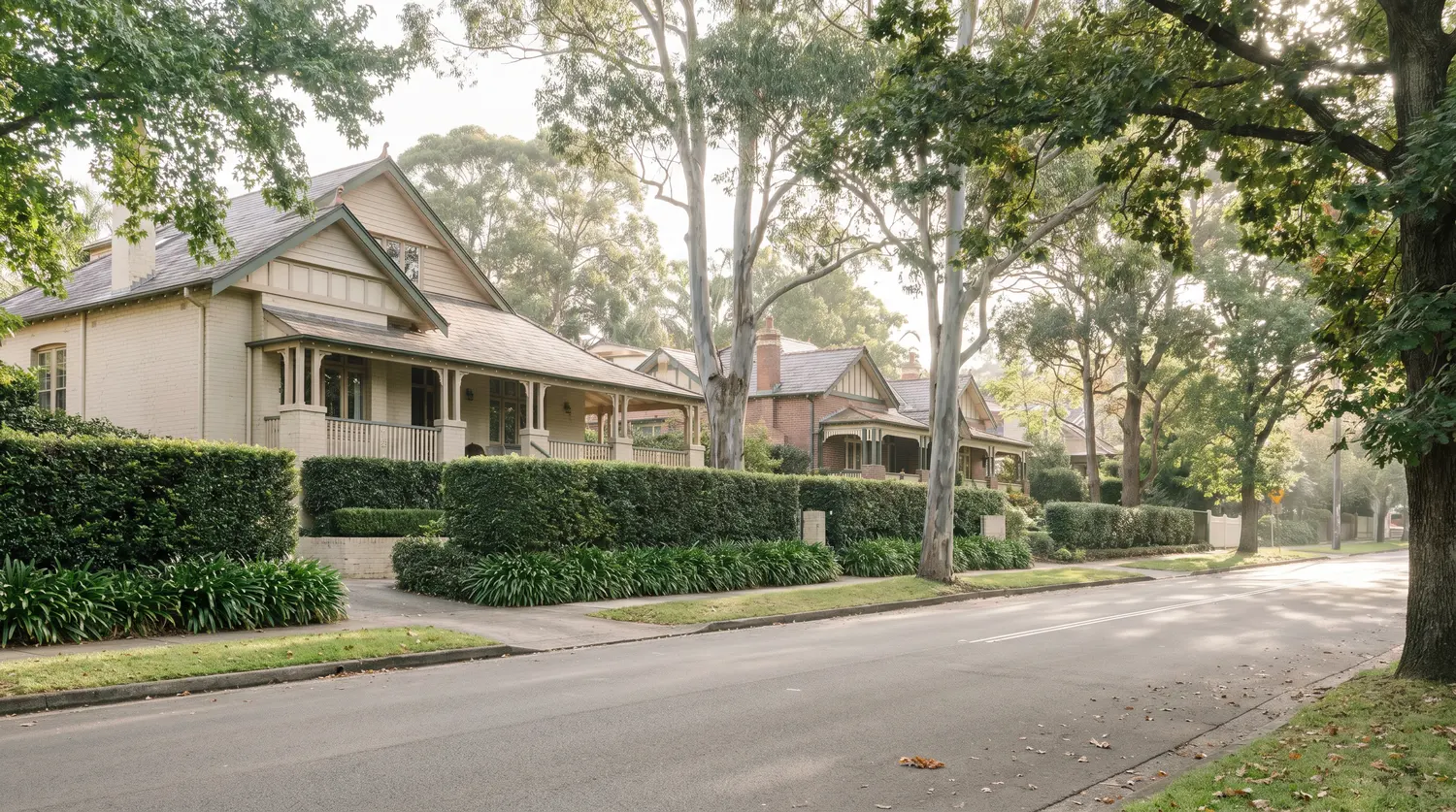 Established verandah houses behind hedges on a wide, tree-lined Turramurra street