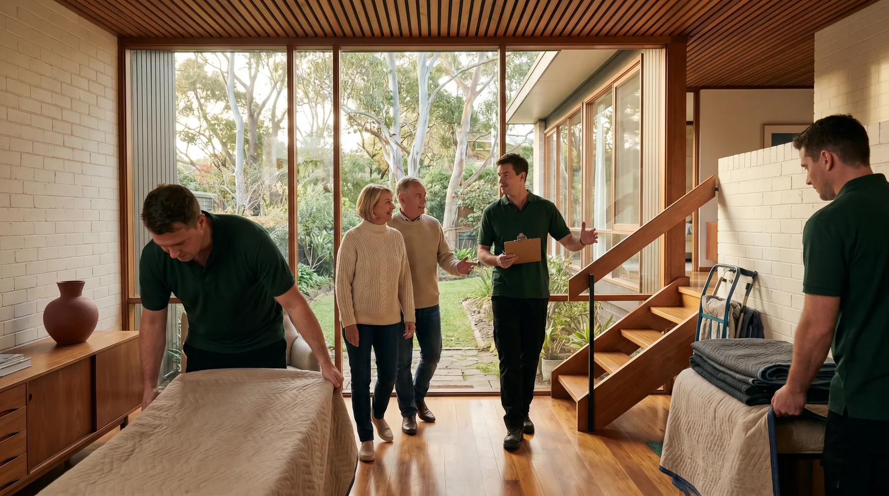 A removalist walking through a living room with a homeowner couple, pointing out the stairs